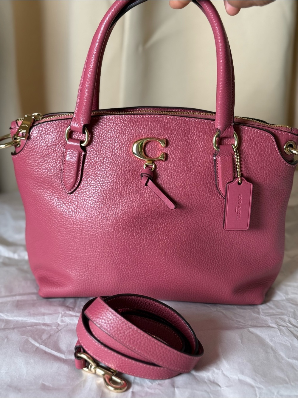 Coach Pebbled Leather Satchel in Rose Pink with Gold Hardware
